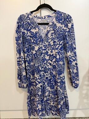 Lilly Pulitzer Blue and White Long-Sleeve V-Neck Floral Dress